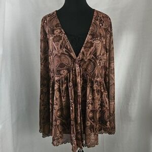 Shein Curve Brown Paisley Mesh Tie Front Blouse 4XL Boho Whimsygoth